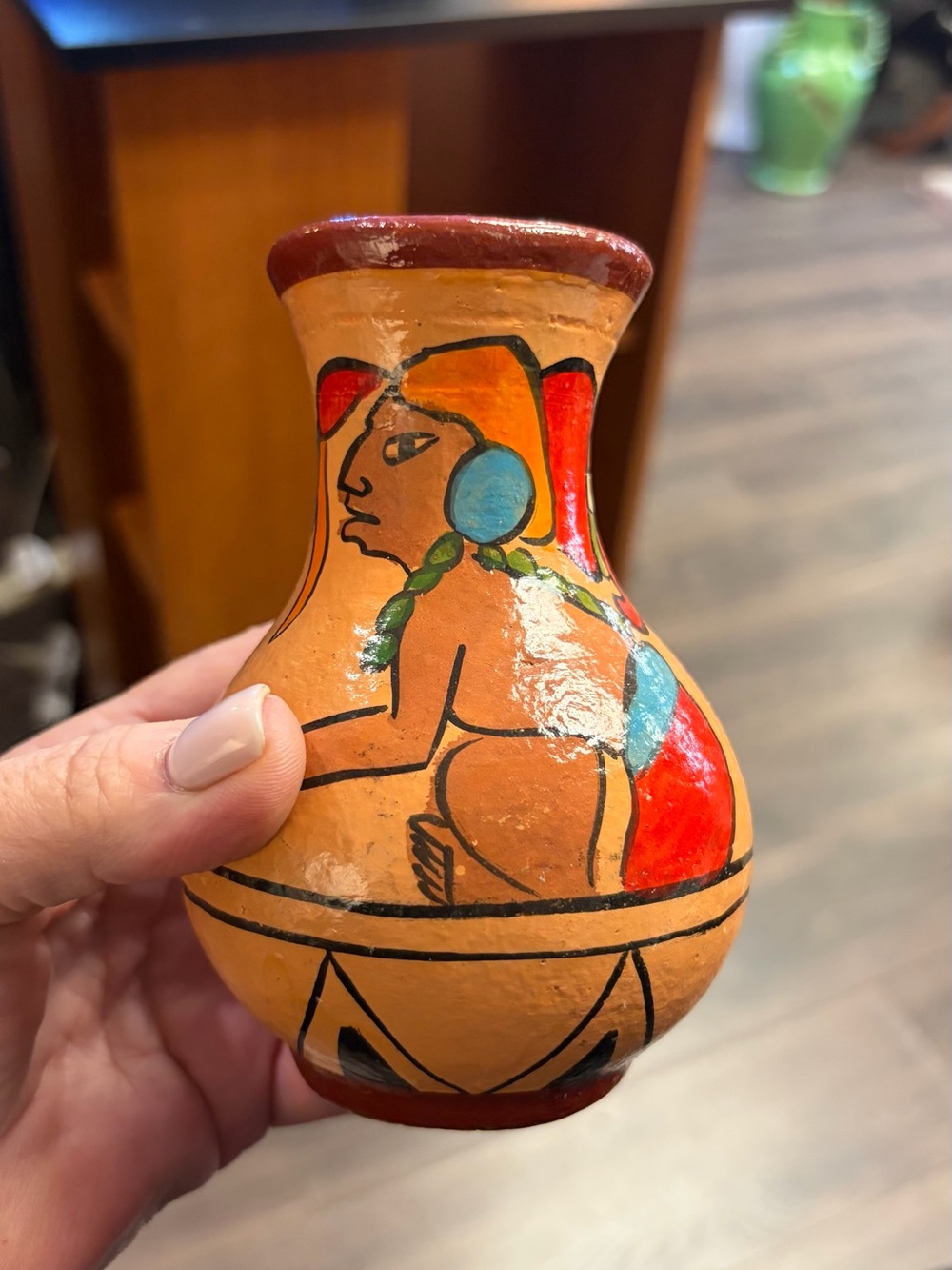 Hand-Painted Folk Art Pottery Vase with Colorful Figural Design